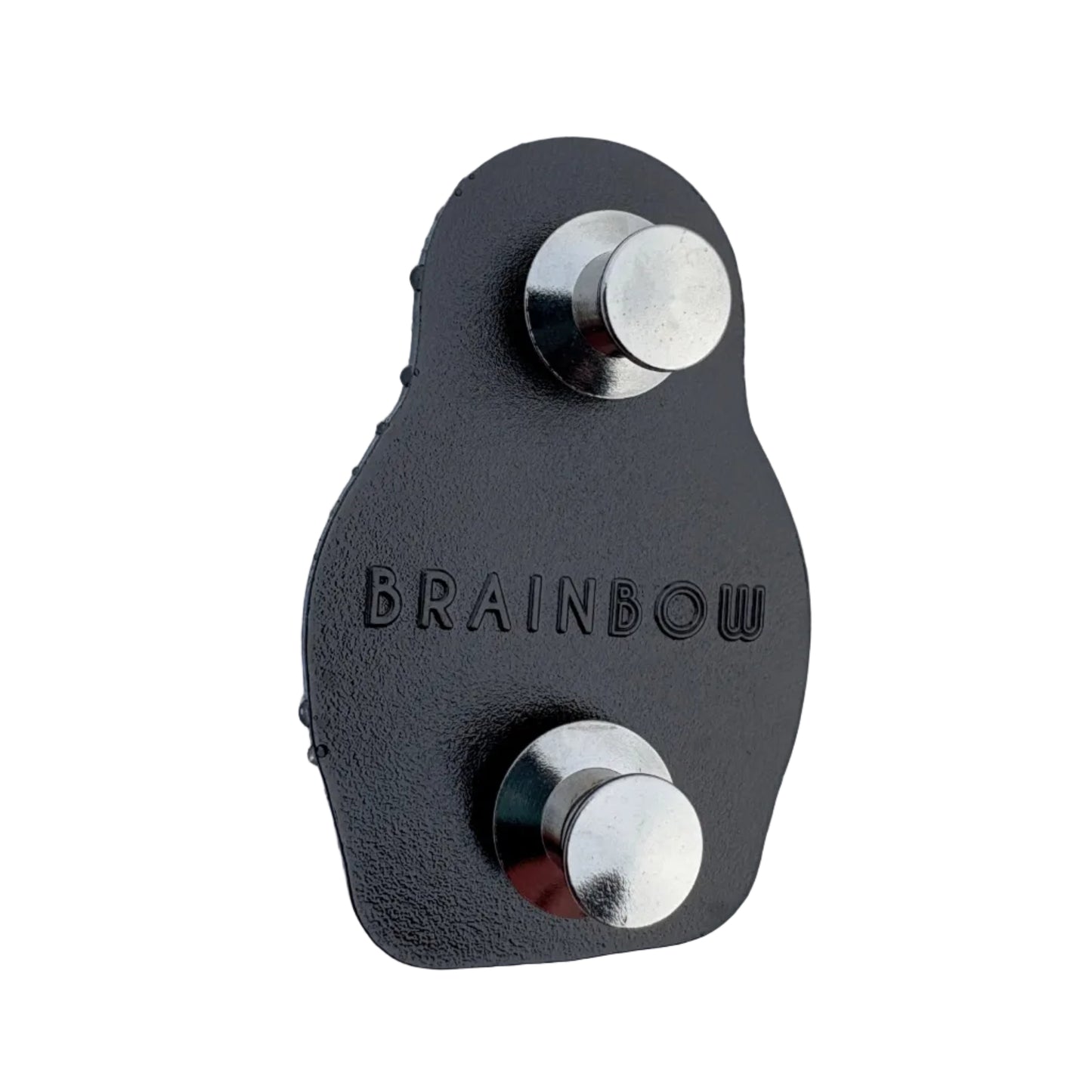 Reverse side of a black metal pin with raised BRAINBOW branding and two locking pin backs.