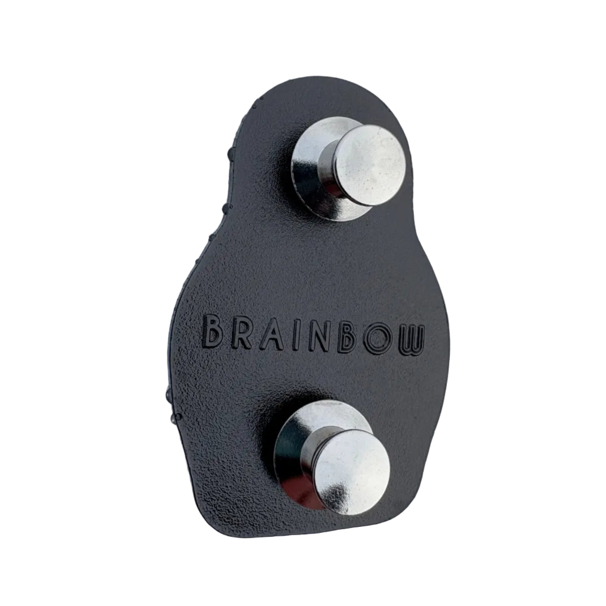 Reverse side of a black metal pin with raised BRAINBOW branding and two locking pin backs.